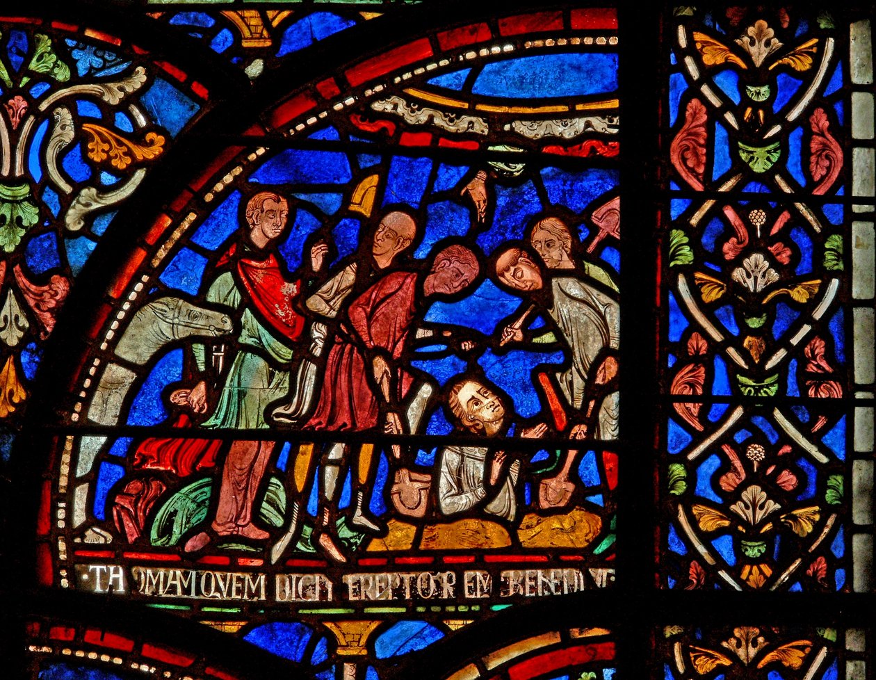 Ikkuna s7, joka esittää kohtauksen St Thomas Becket Miracle -ikkunasta: William of Gloucester haudattu ja paljastettu tekijältä English School