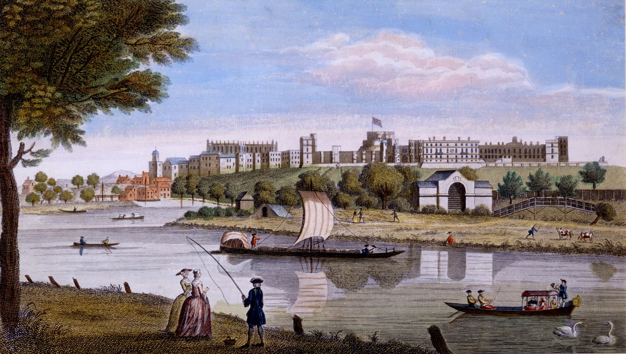 Windsorin linna Thamesin toiselta puolelta, noin 1760-luku (käsinvärinen kaiverrus) tekijältä English School