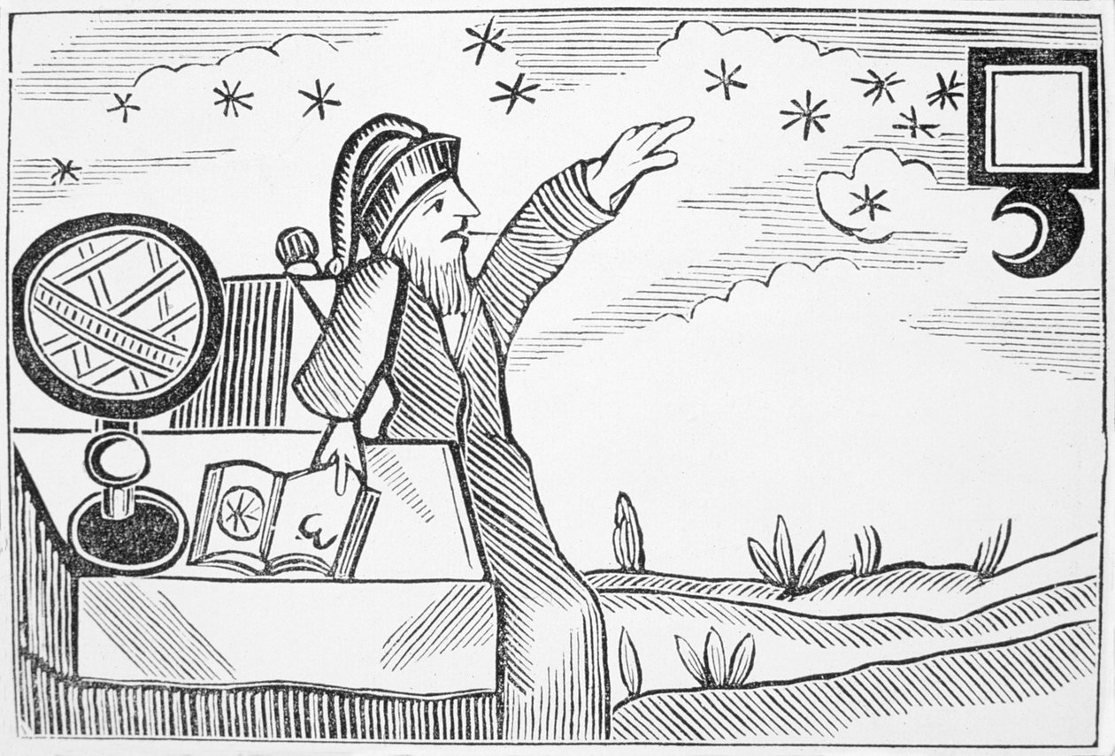 Wizard Consulting the Moon and the Stars, kuvitus esoteerika-aiheisten chapbook-kokoelmasta tekijältä English School