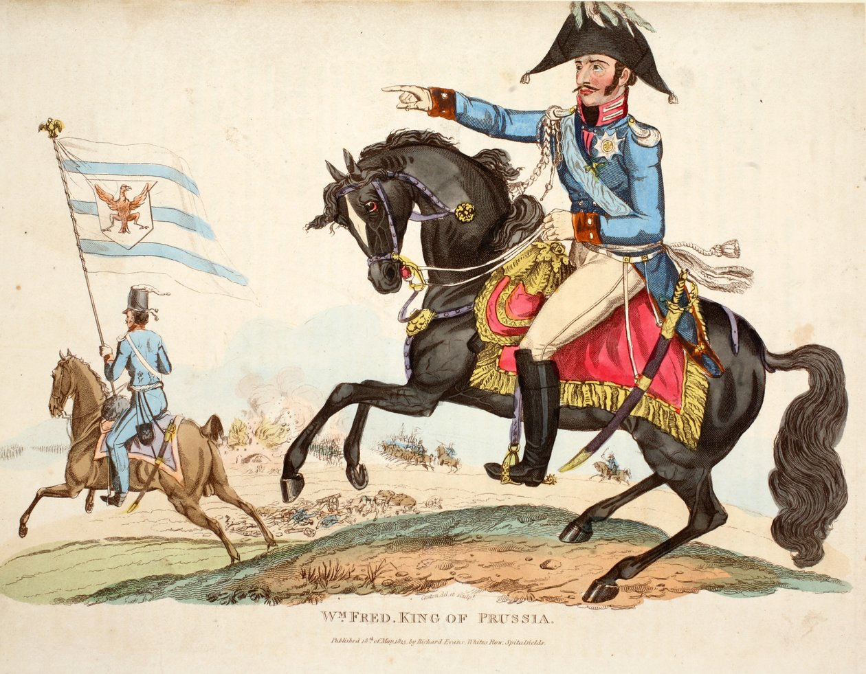 Wm Fred. Preussin kuningas, pub. kirjoittanut Richard Evans, engr Romney, kuvitus William Mudfordin historiallisesta kertomuksesta Waterloon taistelusta, 1816 tekijältä English School