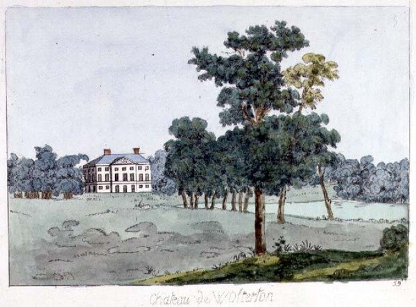 Wolterton Hall, Norfolk, Walpolesin koti, kuvitus William Wattsin teoksesta "Tableaux des Maison et Jardins", n. 1785 (värinen kaiverrus) tekijältä English School