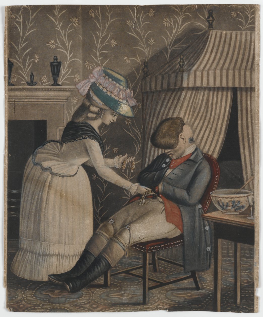 Nainen varastaa sukkalaukun ja taskukellon nukkuvalta mieheltä, n. 1790 (käsinvärinen mezzotint) tekijältä English School