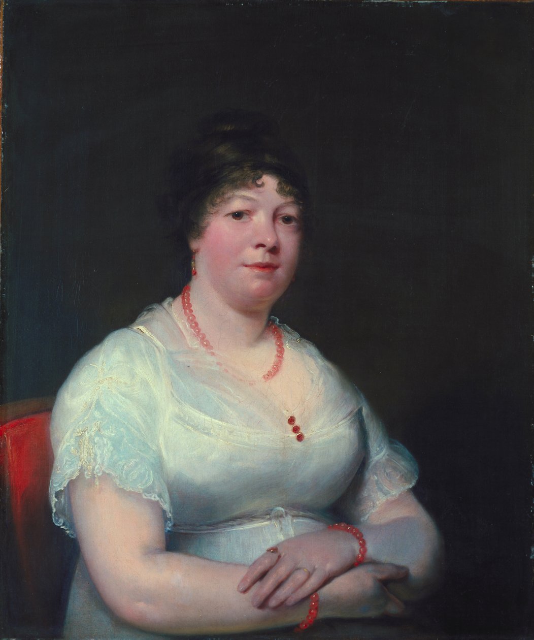 Nainen ruusukvartsikoruilla, n. 1810-15 tekijältä English School