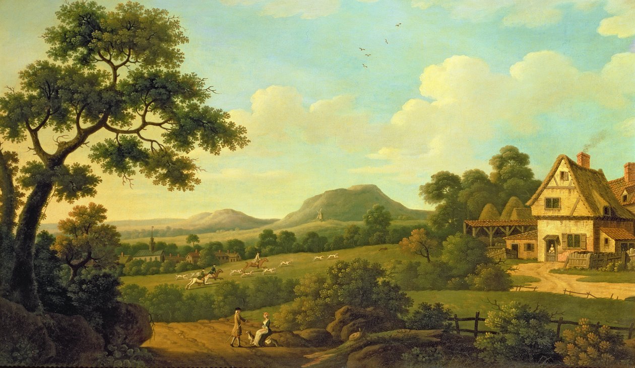 Metsäinen maisema hahmoilla tien varrella, n. 1770 tekijältä English School
