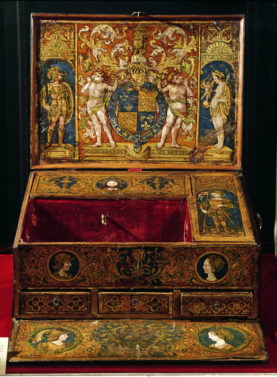 Kirjoituslaatikko tai pöytäpöytä, luultavasti maalannut Lucas Hornebolte (n. 1492-1544) n. 1525-27 (pähkinä & tammi maalatulla ja kullatulla nahalla) tekijältä English School