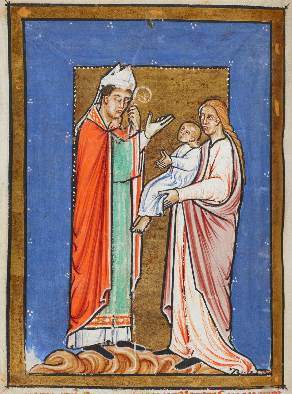 Yates Thompson 26 f.62v St. Cuthbert parantamassa lasta ruttoa vastaan, kuva "St. Cuthbertin proosaelämästä", kirjoittanut Bede (vellum) tekijältä English School