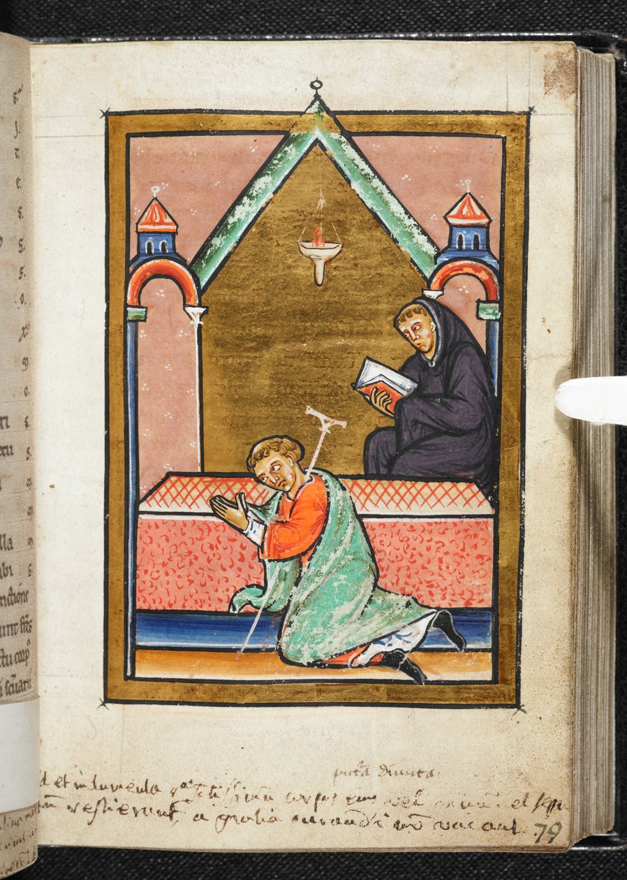 Yates Thompson Ms 26, f.79 r Raju rukoilee St Cuthbertin haudalla, kuvitus teoksesta "Bede, Prose Life of Cuthbert" (vellum) tekijältä English School