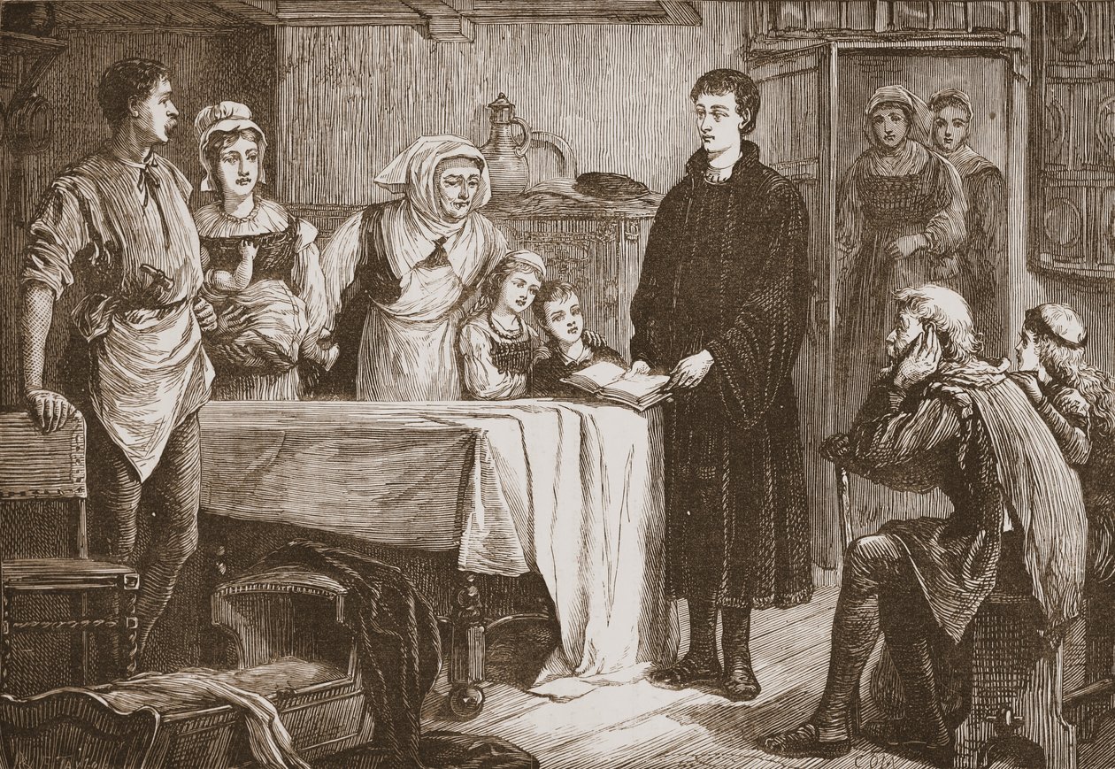 Nuori Calvin selittää Raamattua perheelle Bourgesissa, esimerkki James Aitken Wylien (1808-1890) teoksesta The History of Protestantism, pub. 1878 tekijältä English School