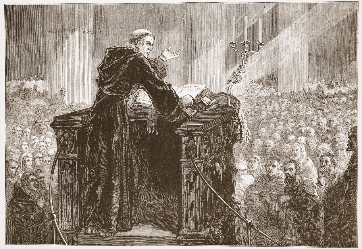 Zwingle saarnaa Zürichin katedraalissa, kuvitus James Aitken Wylien (1808-1890) teoksesta The History of Protestantism, pub. 1878 tekijältä English School