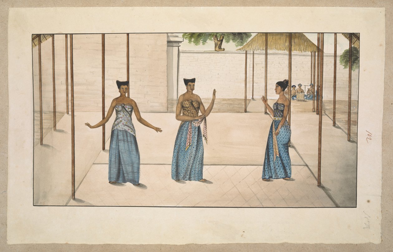f.91 (102) Kolme serimpi hovitanssijaa ja gamelan orkesteri, luultavasti Solo tai Jogja 1811-13 (kynä & akvarelli paperille) tekijältä English School
