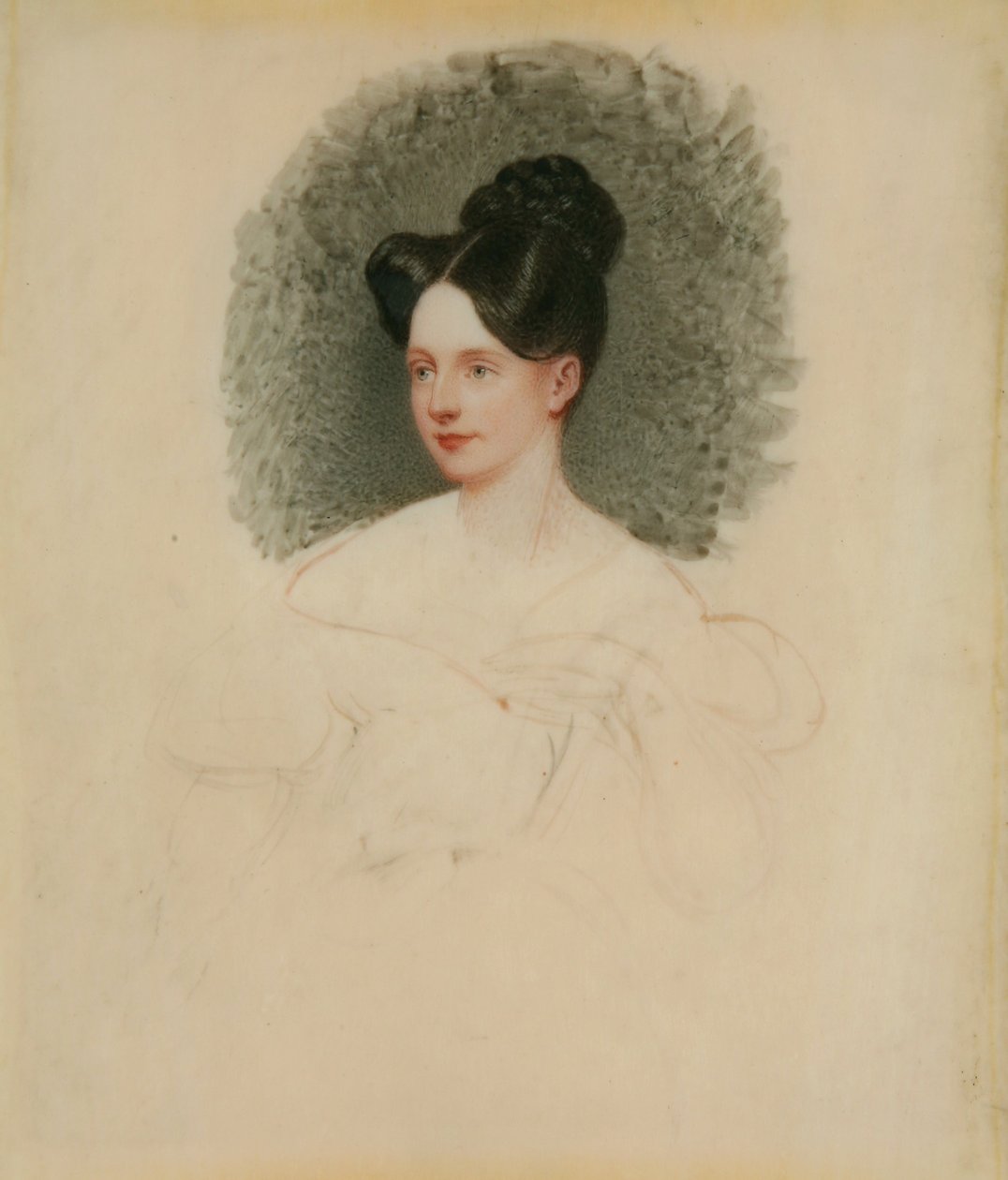 Keskeneräinen muotokuva Marianne Cregoe Colmaresta (myöhemmin rouva Baurton Bennett) n. 1833-1834 (pienikokoinen norsunluu kiinnitetty korttiin) tekijältä English School English School