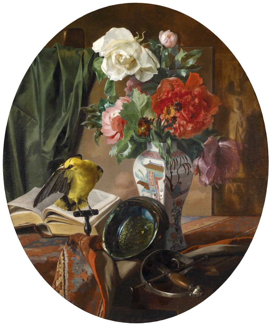 Stillleben mit Blumen in einer chinesischen Vase, Vogel und Ziergegenständen tekijältä Ennemond Collignon