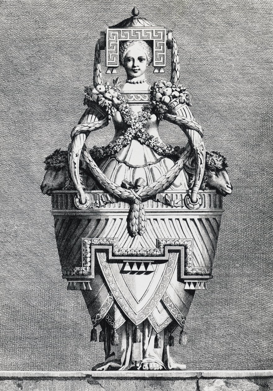 Antropomorfinen maljakko, kreikkalainen morsian, kaiverrus Ennemond-Alexandre Petitot (1727-1801) Masquerade la Grecquestä, Suite des Vases and Cheminees, Parma tekijältä Ennemond Alexandre (after) Petitot