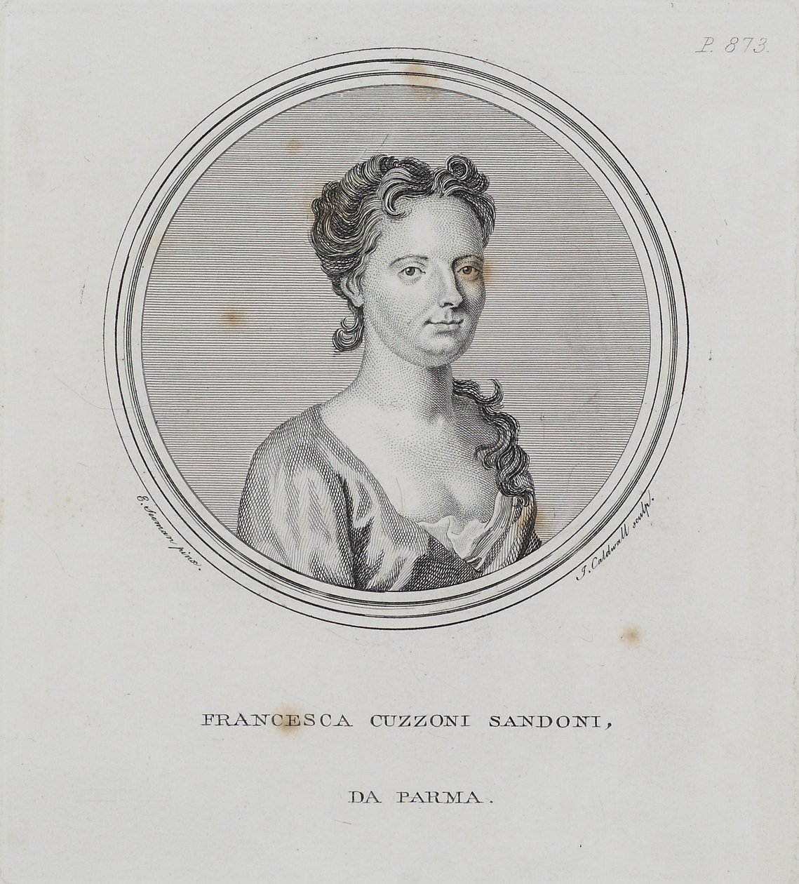 Francesca Cuzzoni Sandoni, Sir John Hawkinsin teoksesta "Yleinen musiikin tieteen ja käytännön sanakirja", kaivertanut James Caldwall (1739-1822), 1776 tekijältä Enoch Seeman