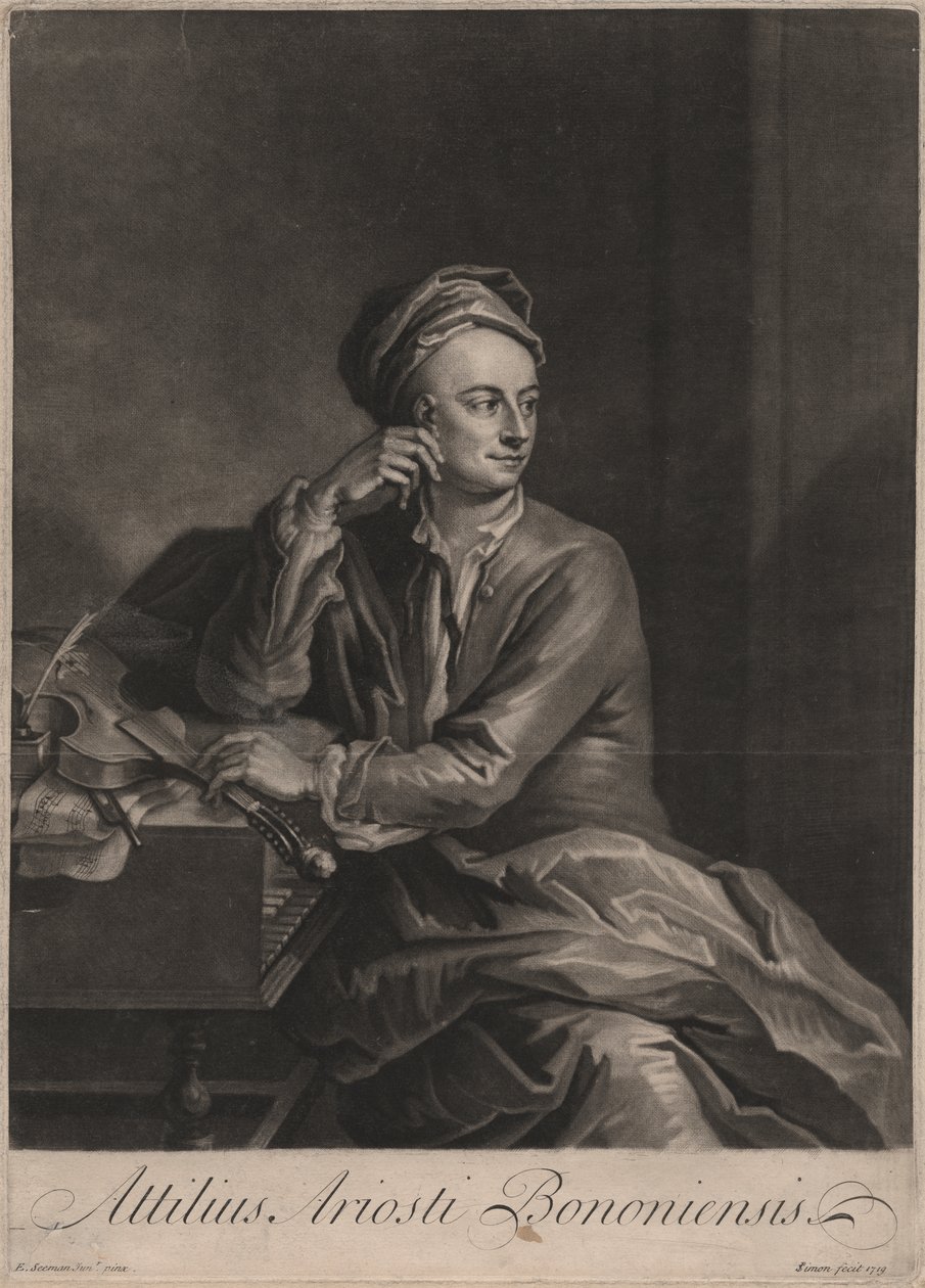 Attilus Ariosti Bononiensis, kaiverrus John Simon (1675-1751), 1719 (mezzotint) tekijältä Enoch Seeman