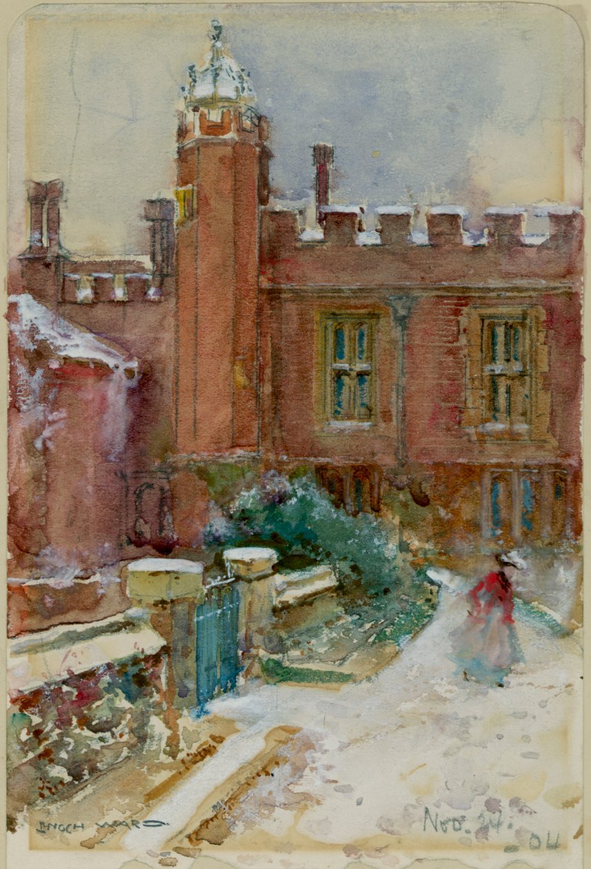 Figuuri lumessa Hampton Court Palacessa, 24. marraskuuta 1904 (akvarelli paperille) tekijältä Enoch Ward