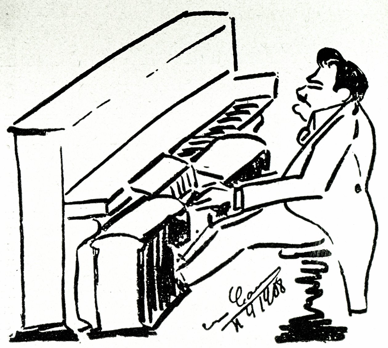 Lyyrisen laulajan Enrico Caruson autokarikatyyri pianolassa tekijältä Enrico Caruso