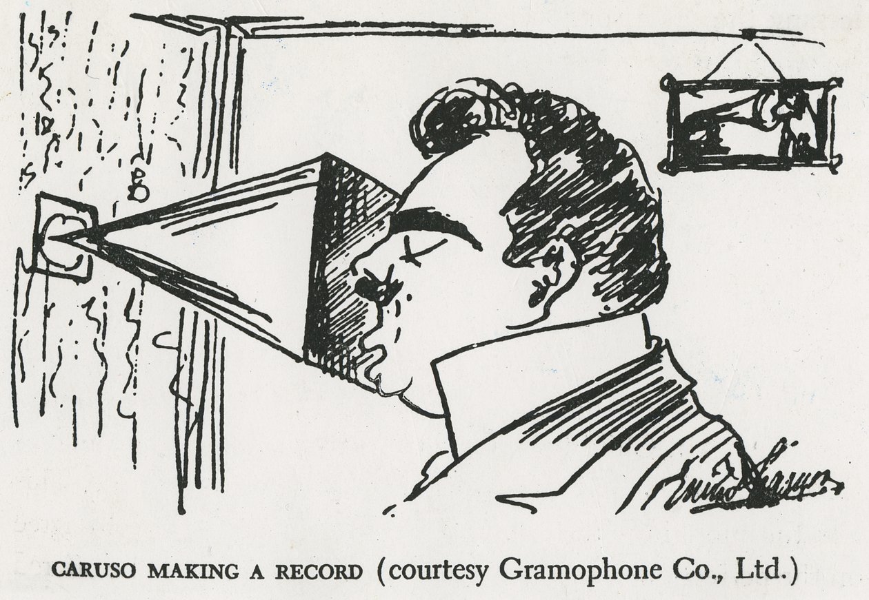 Caruso äänittää ensimmäistä gramofonitallennettaan, 1902 (piirros). tekijältä Enrico Caruso