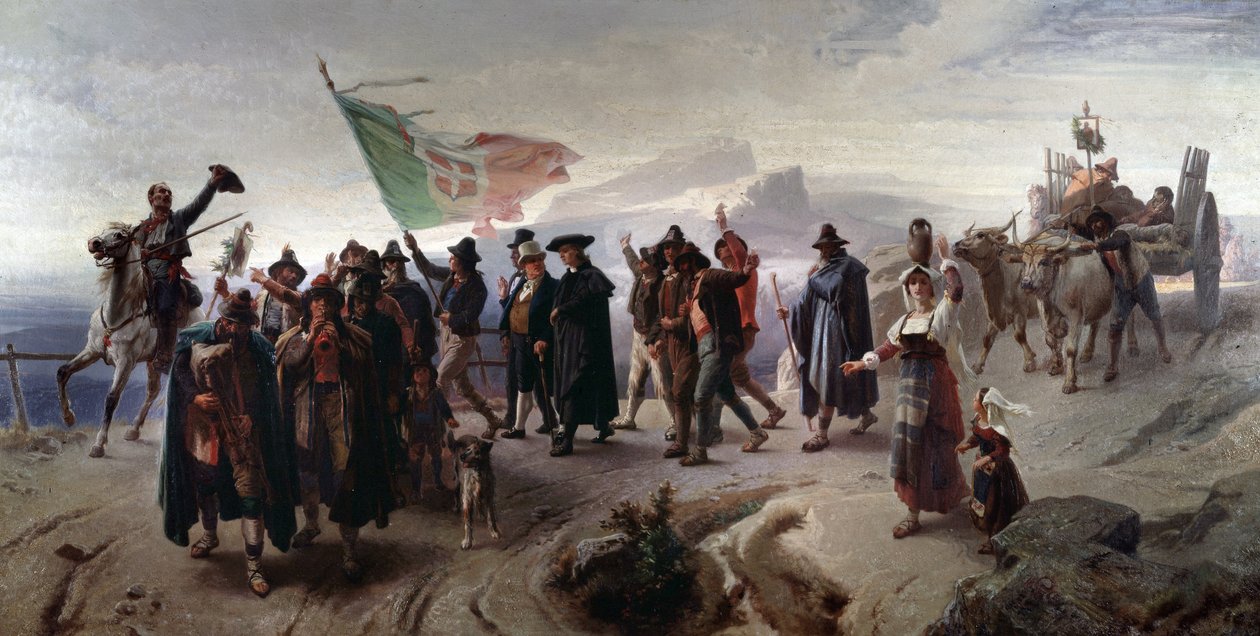 Risorgimento: "" Abruzzon alueen liittäminen yhdistyneeseen Italiaan vuonna 1861" (Abruzzon alueen liittäminen yhdistyneeseen Italiaan vuonna 1861) Enrico Gamban (1831-1883) maalaus Koko 104x207 cm Genes, Galleria d