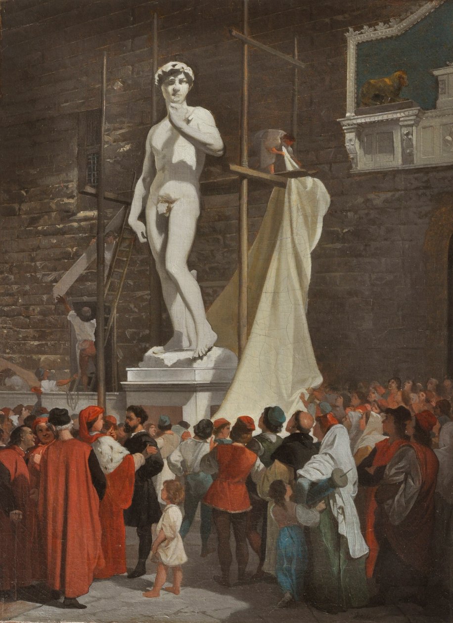 Michelangelo paljastamassa Daavidin patsasta, noin 1863 (öljy kankaalle). tekijältä Enrico Pollastini