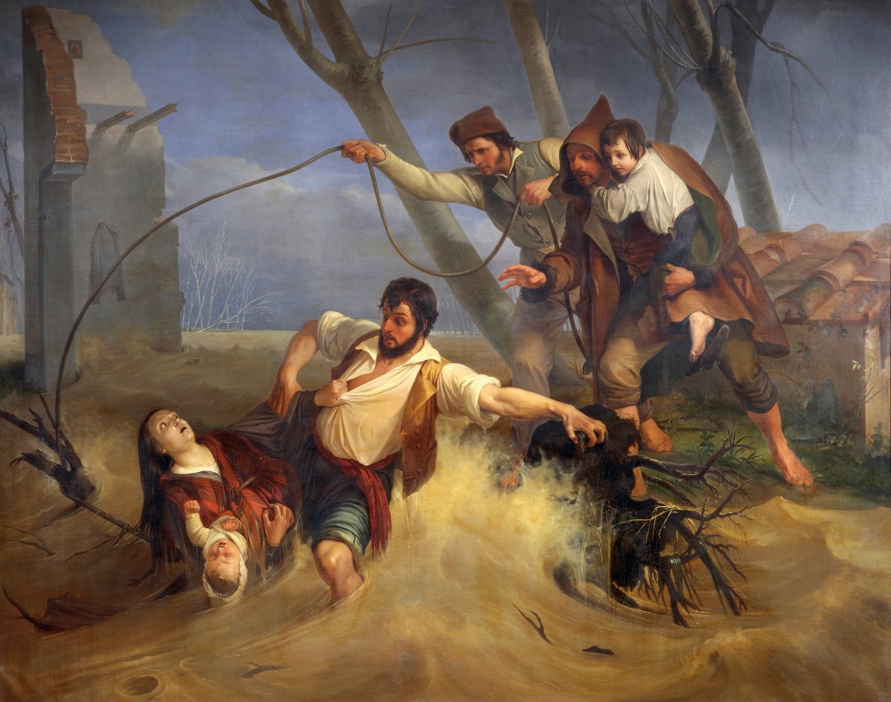 Perhe pelastui Serchion tulvilta vuonna 1843 tekijältä Enrico Pollastrini