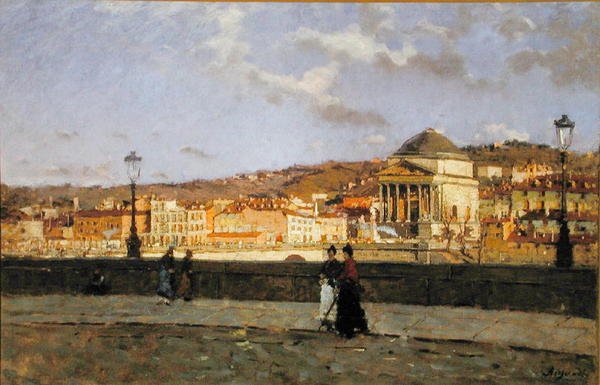 Laituri Po-joen varrella ja Grande Madre di Dion kirkko, Torino, 1882 tekijältä Enrico Reycend