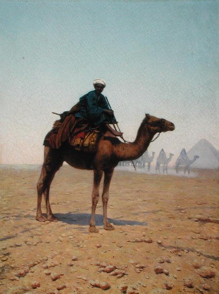 Pyramidin ohi kulkeva karavaani, n. 1869 (öljy kankaalle) tekijältä Enrico Tarenghi