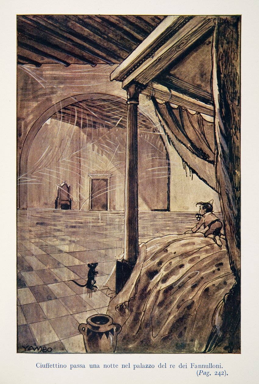 Kuvitus elokuvasta The Adventures of Bullfinch (Härkälinnun seikkailut) tekijältä Enrico de Conti Novelli