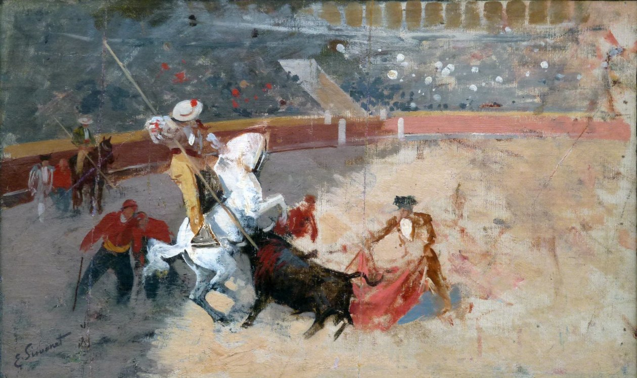 La suerte de varasLances espanjalaistyylisen härkätaistelun kolmas ensimmäinen vaihe tekijältä Enrique Simonet