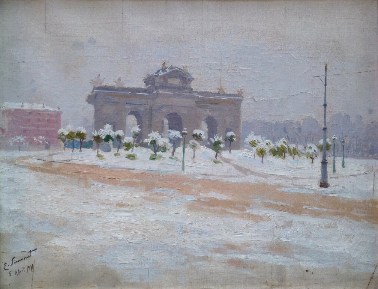 Puerta de Alcala nevada Lumen peittämä Puerta de Alcala tekijältä Enrique Simonet