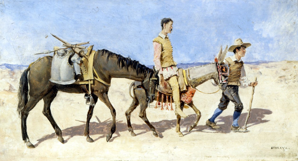 Don Quijote ja Sancho Pança. Atalayan maalaus. 1800-luvun lopulla. tekijältä Enrique Atalaya