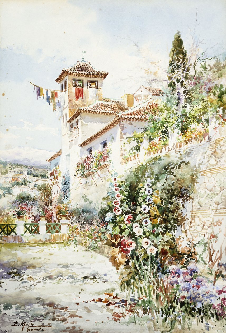 Andalusialainen talo ja puutarha kesällä (kynä ja w/c) tekijältä Enrique Marin Higuero