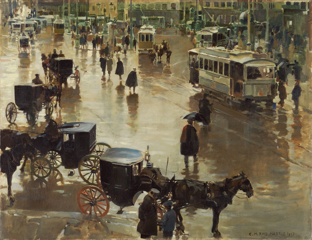 Puerta del Sol, Madrid - Martinez Cubells, Enrique (1874-1947) - 1902 - Öljy kankaalle - 75x96,5 - Museo Carmen Thyssen, Málaga tekijältä Enrique Martinez Cubells y Ruiz