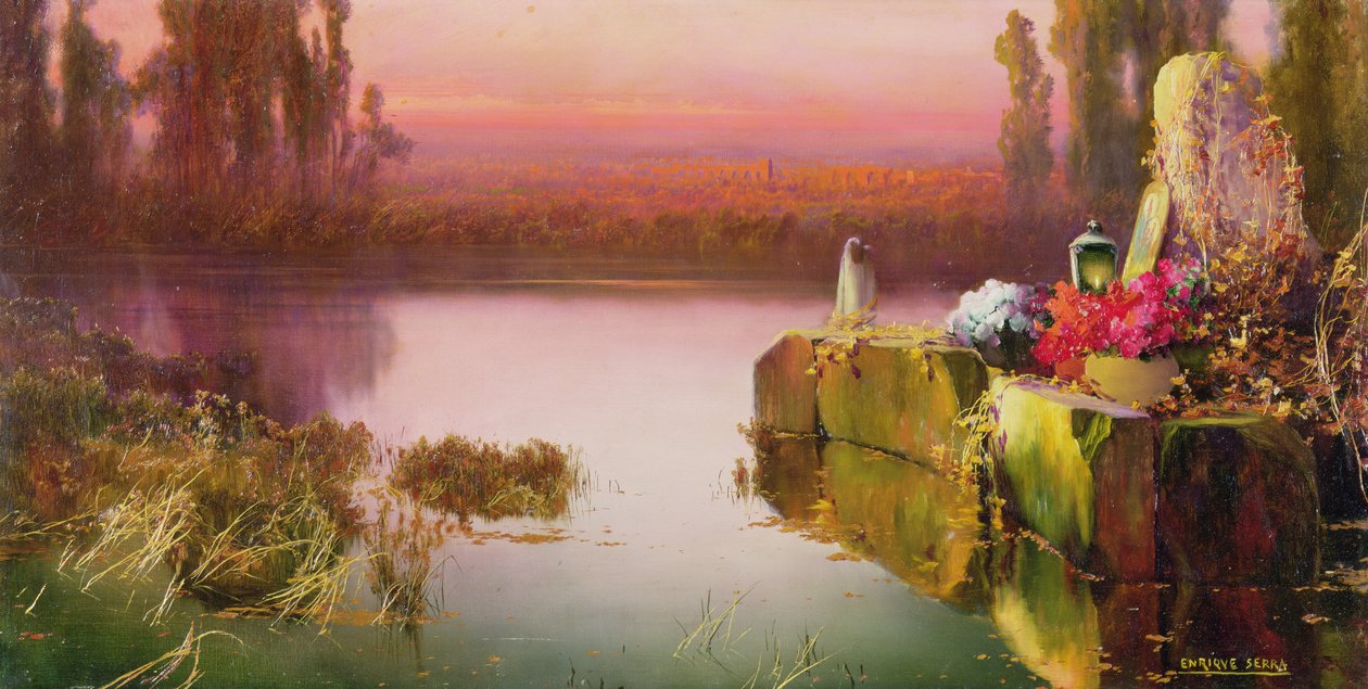 Auringonlaskun tulvineet rauniot, n. 1898 (öljy kankaalle) tekijältä Enrique Serra