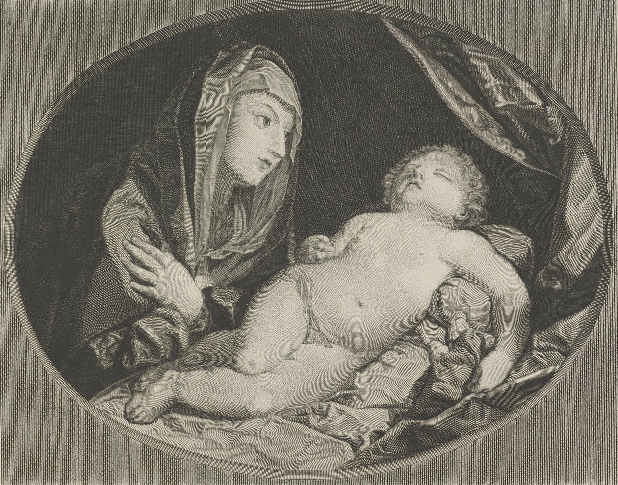 Neitsyt kädet ristissä rintojensa päällä katsomassa nukkuvaa Kristus-lapsea, vuonna..., 1770-1834. tekijältä Ephraim Gottlieb Krüger