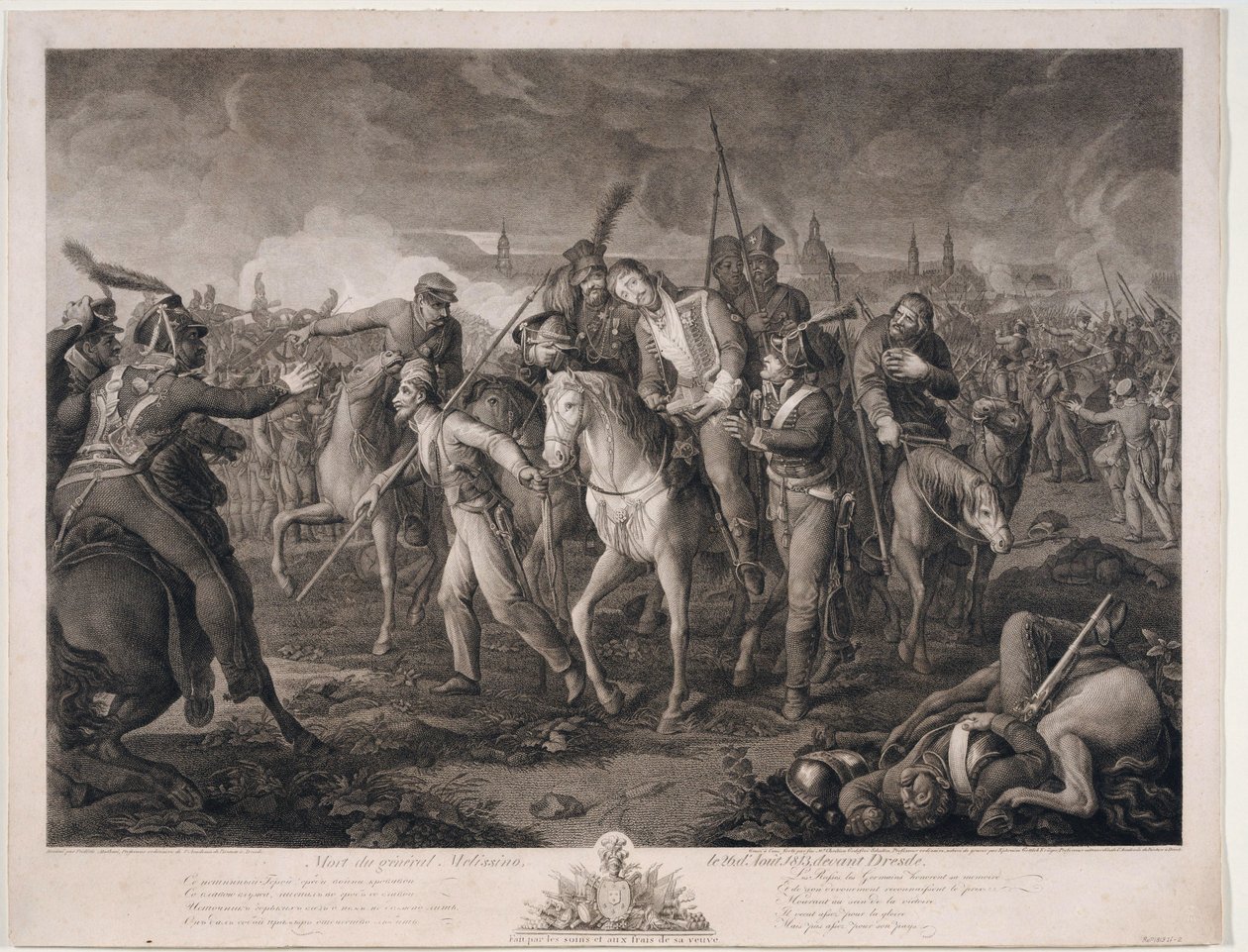 Mort du General Alexis Melissin (1759-1813) a Dresde, en 1813 - Kenraali Aleksey Melissinon kuolema 26. elokuuta 1813 - Krueger, Ephraim Gottlieb (1756-1834) - 1813 - Etsaus - 68,4x88, tekijältä Ephraim Gottlieb Krüger