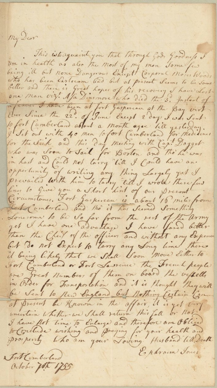 Kirje Allice Jonesille, Concord, Massachusetts, 7. lokakuuta 1755 (kynä ja muste paperille) tekijältä Ephraim Jones
