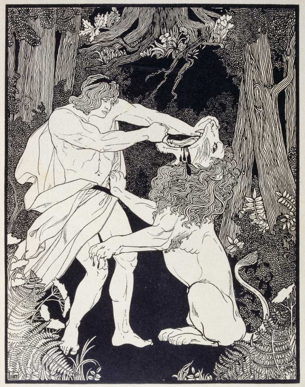 Piirros Simsonista taistelemassa leijonaa vastaan (kaiverrus). tekijältä Ephraim Moses Lilien