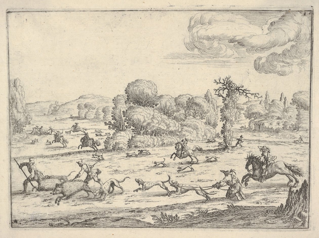 Villisian metsästys maisemassa, n. 1620-38. tekijältä Ercole Bazicaluva