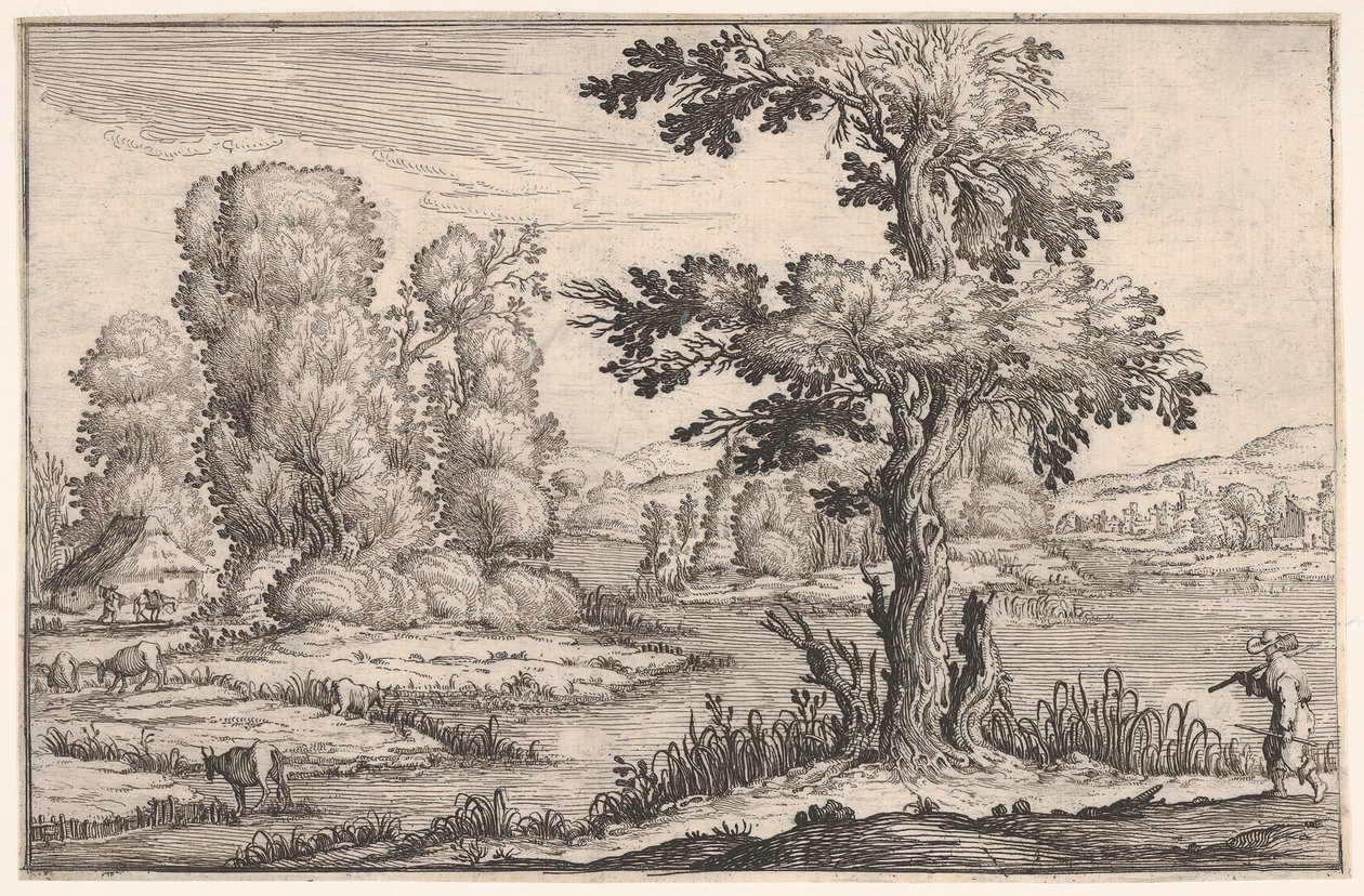Maisema, jossa vuohet laiduntavat joen lähellä ja hahmo oikealla etualalla, ser..., 1638. tekijältä Ercole Bazicaluva
