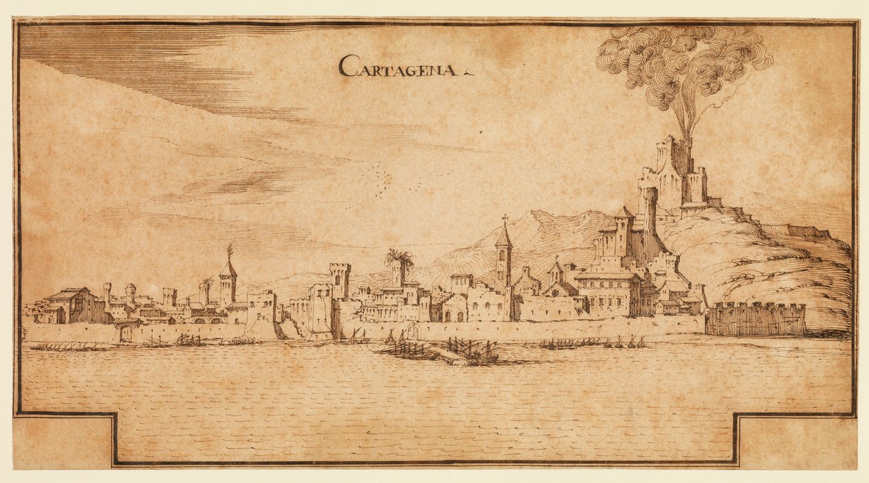 Näkymä Cartagenasta, Espanjasta, n. 1642 (kynä ja ruskea muste levitetylle paperille, ruskean musteen kehystysviivat alareunassa) tekijältä Ercole Frigoni Bazzicaluva