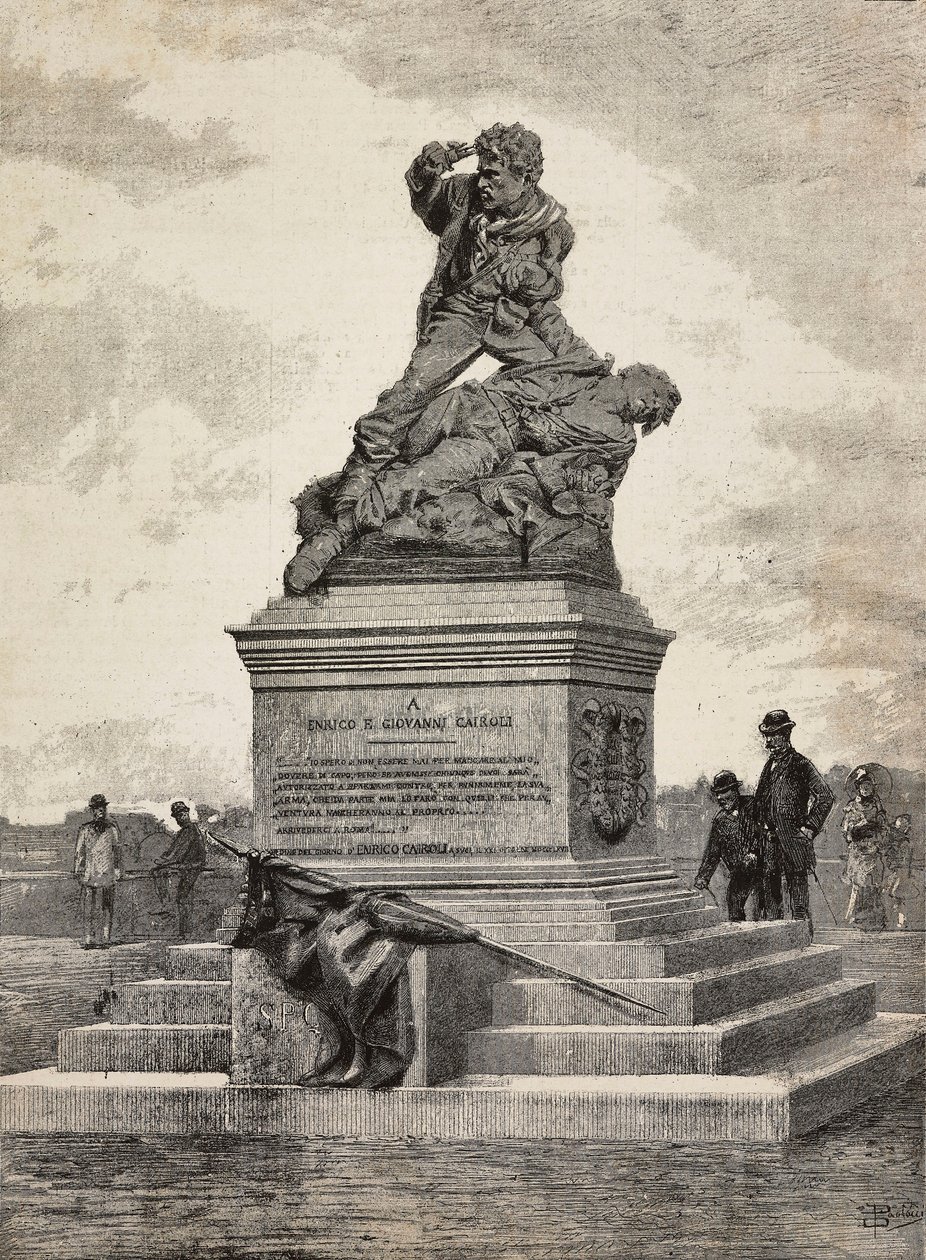 Enricon (1840-1867) ja Giovanni Cairolin (1842-1869), italialaisten patrioottien muistomerkki, kuvanveistäjä Ercole Rosan (1846-1893) pronssiryhmä Pincian-kukkulalla, Rooma, Italia tekijältä Ercole Rosa