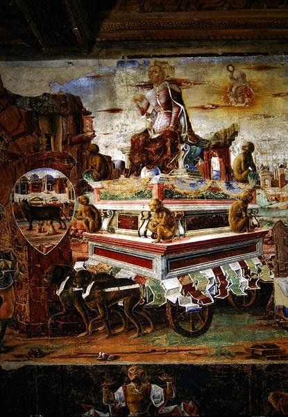 Yksityiskohta Maian vaunuista, syyskuusta: Vulcanin voitto, Kuukausien huoneesta, 1467-70 tekijältä Ercole de Roberti