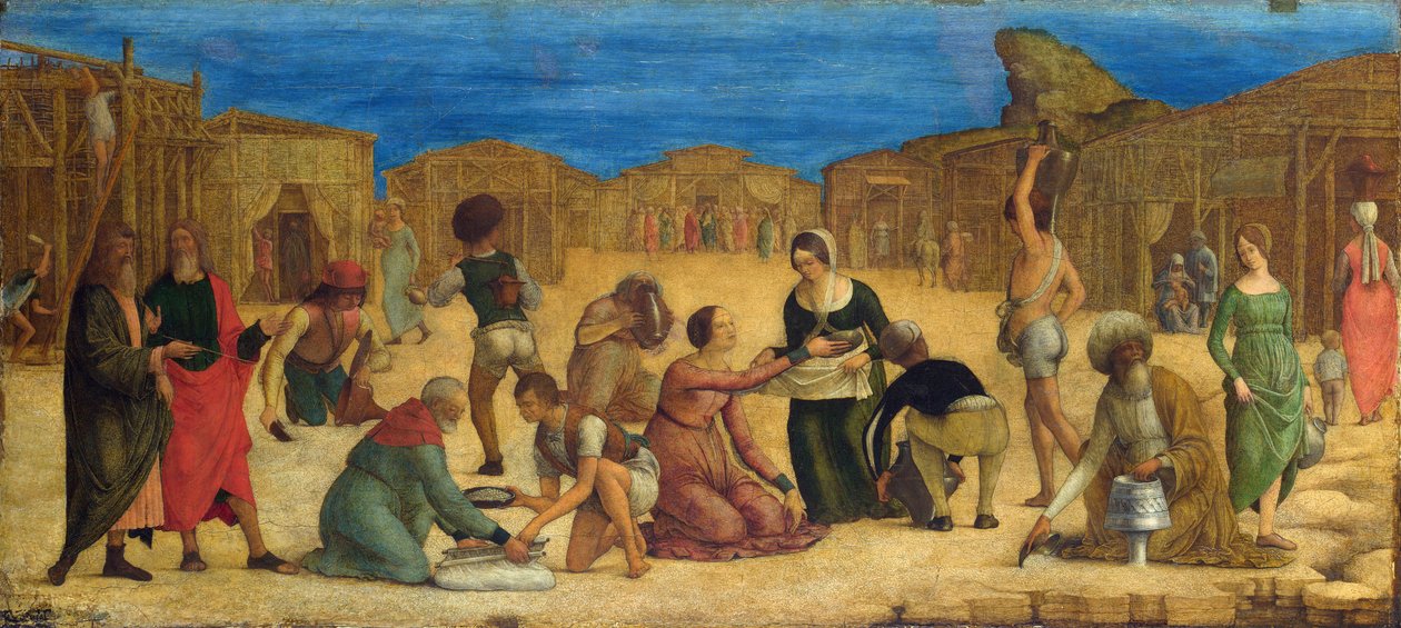 ""Mannan kokoontuminen Siinain autiomaassa" - Ercole Roberti (Ercole Ferrarese) (n. 1450-1496) Israelilaiset keräämässä Manna Temperaa kankaalle 1490-luvun kansallisgalleria, Lontoo 28,9x63,5 tekijältä Ercole de Roberti