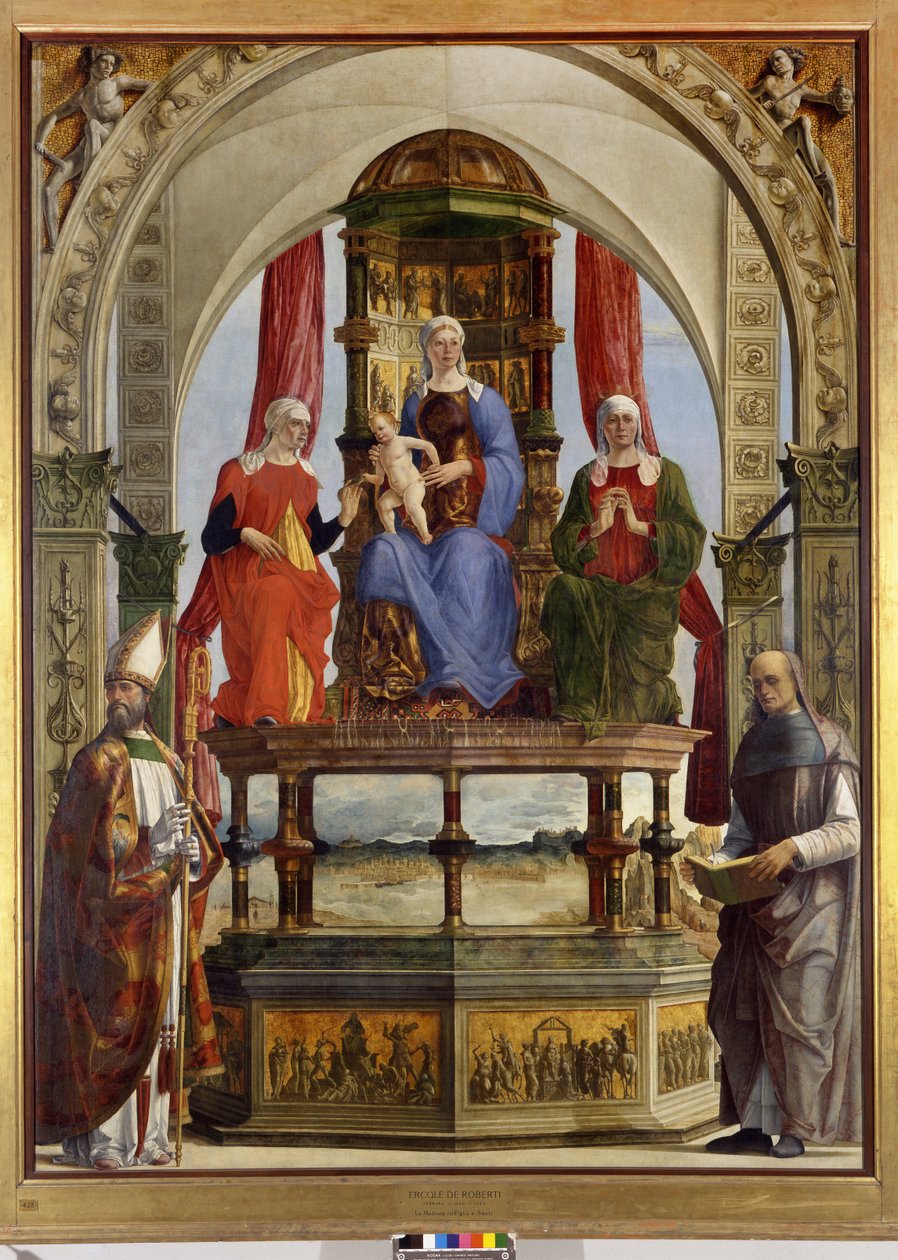 Neitsyt valtaistuimelle lapsen, pyhien Annen, Elisabetin, Augustinuksen ja siunatun Pietro degli Onestin kanssa, 1479-1491 tekijältä Ercole de Roberti