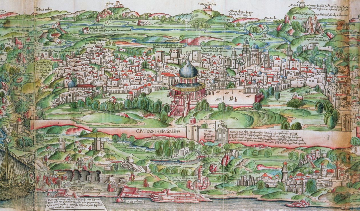 Jerusalemin kaupungin kartta, Bernhard von Breydenbachin (1440-97) "Pyhiinvaellus Pyhässä maassa" tekijältä Erhard Reuwich