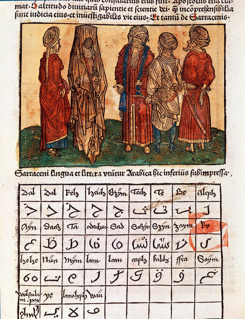 Levy, joka kuvaa arabian aakkosia ja saraseenien pukuja. Sivu otettu Bernard de Breydenbachin (Breidenbachin) (1454-1497) matkakirjasta "" Pyhiinvaellus Pyhään maahan"", kuvitettu Erhard Reuwichin kaiverruksilla tekijältä Erhard Reuwich