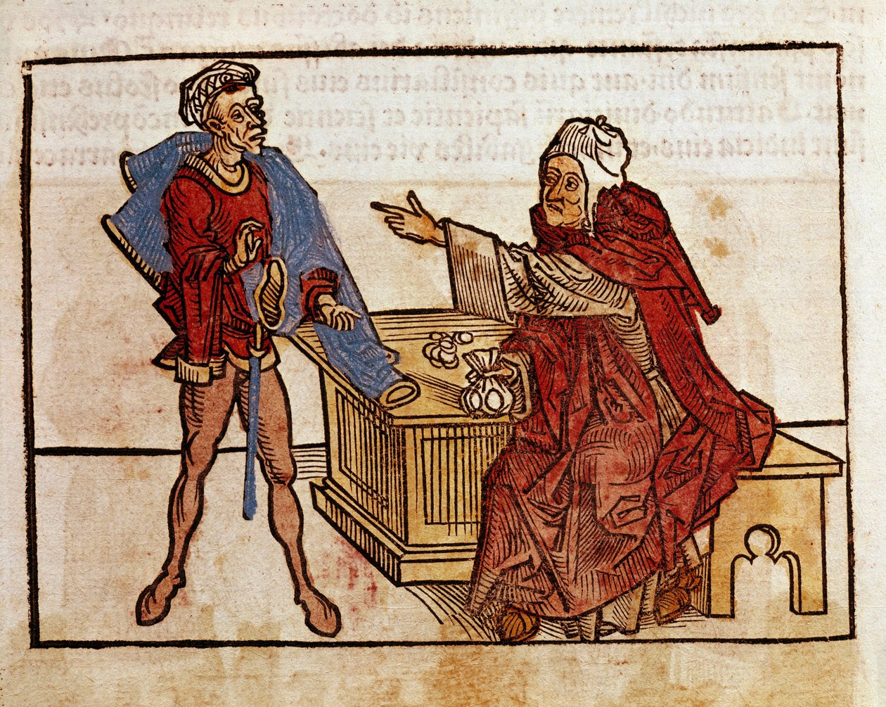 Kauppa juutalaisen ja lainahain välillä Sivu otettu matkakirjasta "Peregrinatio in Terram Sanctam" Bernard de Breydenbachin (Breidenbachin) (1454-1497) Pyhän maan pyhiinvaelluksen jälkeen, kuvitettu Erhard Reuwichin kaiverruksilla tekijältä Erhard Reuwich