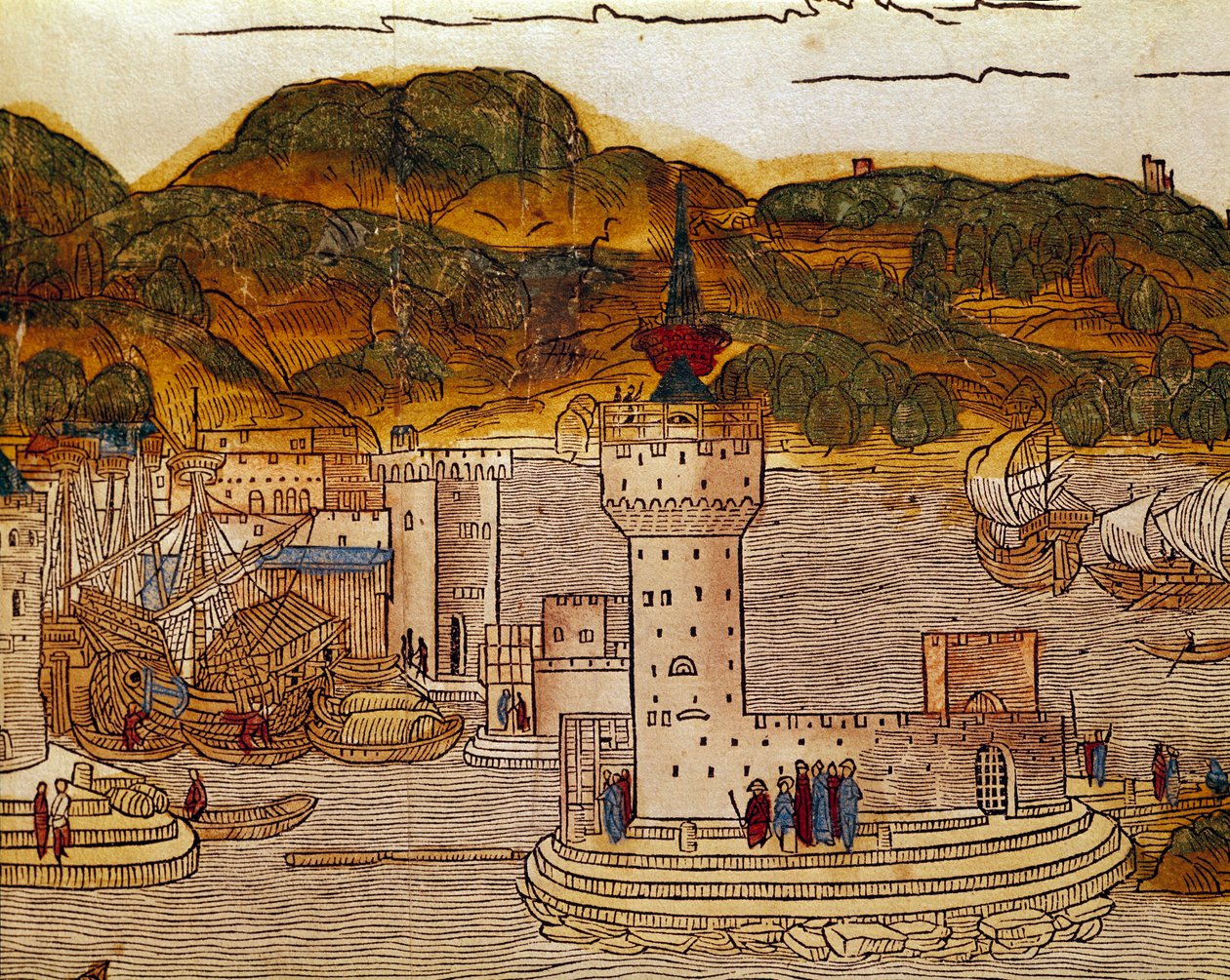 Näkymä Candien satamasta (nykyinen Heraklion) Kreetalla Sivu matkakirjasta "" Peregrinatio in Terram Sanctam""" Bernard de Breydenbachin (Breidenbachin) (1454-1497) kaiverrusten pyhiinvaelluksen jälkeen Pyhässä maassa Erhard Re tekijältä Erhard Reuwich