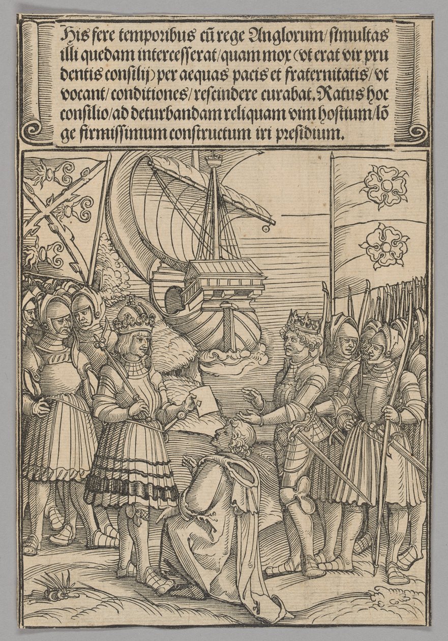 Maximilian ja Henrik VII Englannista, levy 11 historiallisista kohtauksista keisari Maximilian I:n elämästä Riemukaaresta tekijältä Erhard Schon